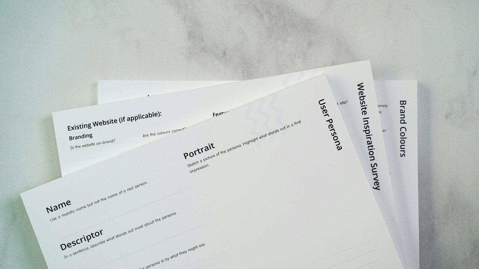 Three printed sheets of paper laid out on a table